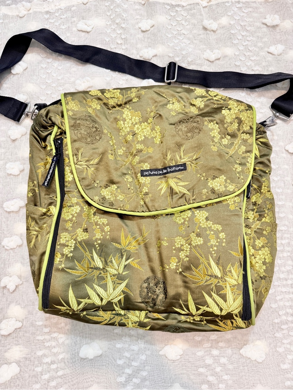 Petunia Pickle Bottom Boho Brocade Floral Messenger Diaper Backpack Green F47